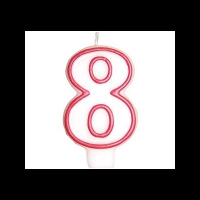 Vela em forma do número 8 branca com contorno vermelho