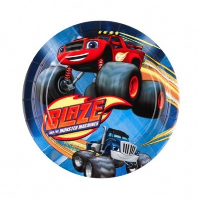Prato de papel azul com desenhos de carros de corrida e texto Blaze and the Monster Machines