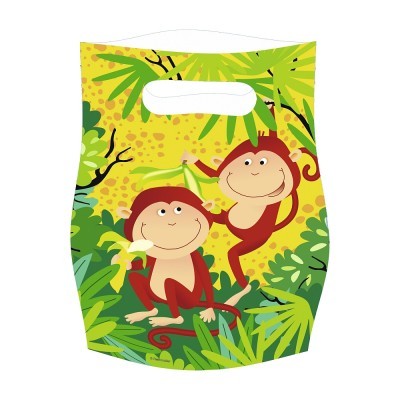 Sacola plástica reutilizável com desenho de macacos em fundo amarelo e vegetação verde