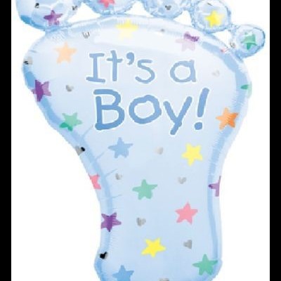 Balão azul em forma de pé com estrelas coloridas e texto 'It's a Boy!'