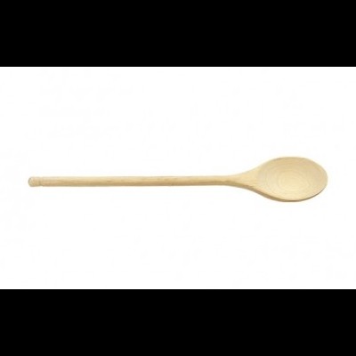 Colher de pau longa de madeira clara sobre fundo branco