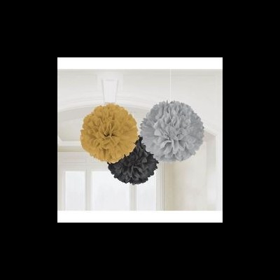 Três pompons decorativos suspensos do teto, dourado, cinza e preto
