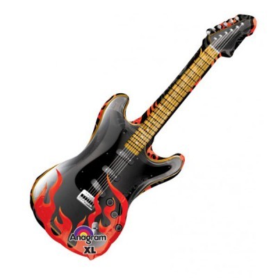 Guitarra preta e vermelha com padrão de chamas e texto Anagram XL