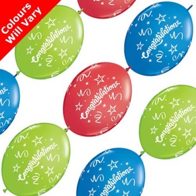 Cordão decorativo com balões coloridos de látex e texto 'Congratulations'