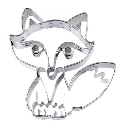 Cortador de bolachas em forma de raposa em metal prateado.