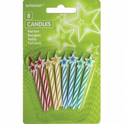 Pacote com 8 velas coloridas às riscas com estrelas no topo