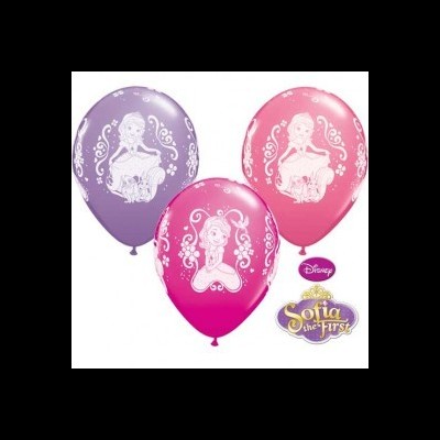 Três balões coloridos com desenho da Sofia, a princesa, e logótipo Disney