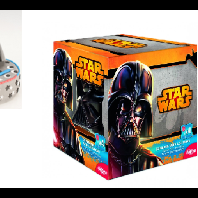 Base de bolo cinzenta com máscara preta de Darth Vader, ao lado da caixa do produto Star Wars.