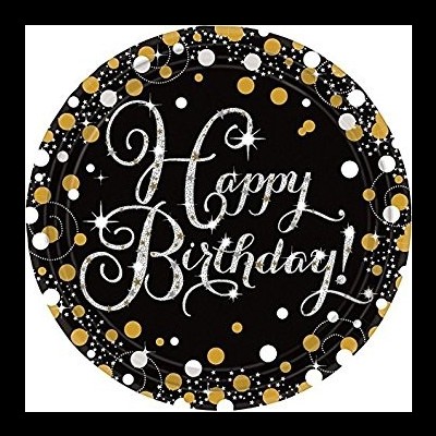 Prato redondo preto com pontos dourados e brancos e texto prateado 'Happy Birthday!'