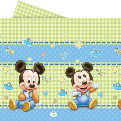 Estampado infantil com imagens do Mickey Mouse e padrão de quadrados verdes.