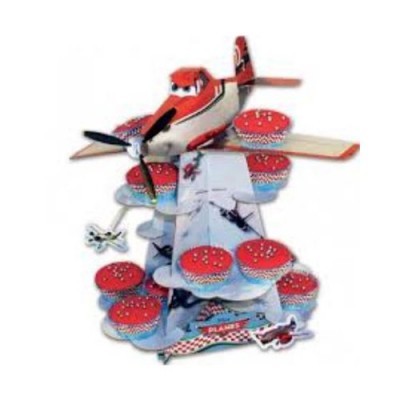 Suporte para cupcakes tema Planes com avião vermelho e cupcakes decorados