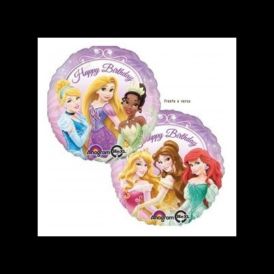 Balões redondos de aniversário com princesas Disney e texto Happy Birthday