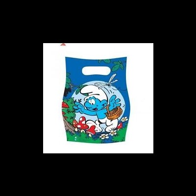 Sacola azul com desenho de um Smurf entre cogumelos e flores