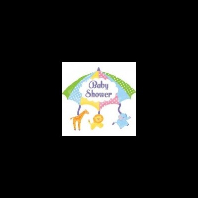 Balão metálico colorido com 'Baby Shower' e figuras de animais