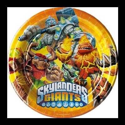 Prato de papel Skylanders Giants com personagens coloridos
