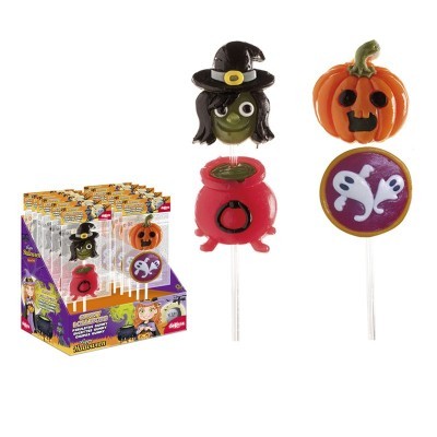 Rebuçados de Halloween em palito com bruxa, abóbora, caldeirão e fantasmas, embalados e expostos em caixa