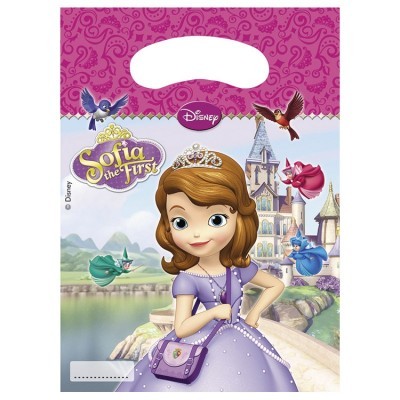 Saco de plástico com personagem Sofia the First e castelo ao fundo