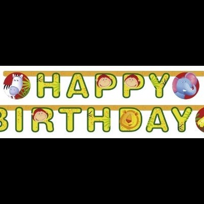 Faixa decorativa de aniversário com letras verdes e desenhos de vários animais