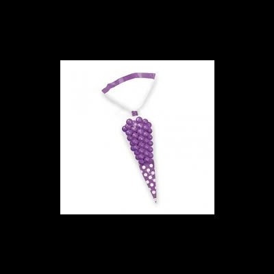 Colar de festa em forma de cacho de uvas roxas com padrão de bolinhas no fundo.