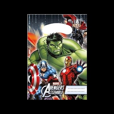 Imagem dos personagens dos Avengers com Hulk, Capitão América, Homem de Ferro e Thor, texto Marvel Avengers Assemble