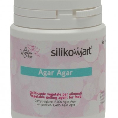 Frasco branco de Agar Agar da silikomart com rótulo rosa claro e texto em italiano e inglês.