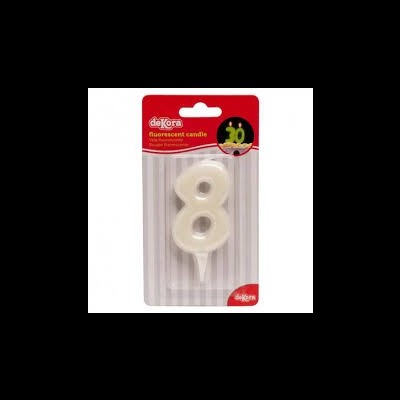 Vela fluorescente número 8 em embalagem blister transparente com fundo vermelho e branco