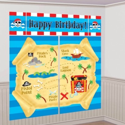 Painel de festa infantil com tema de piratas e mapa do tesouro em cores azuis, amarelas e vermelhas.