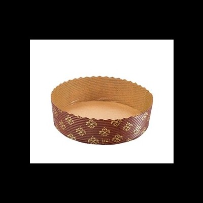 Forma redonda de papel castanho com padrão dourado e bordas onduladas