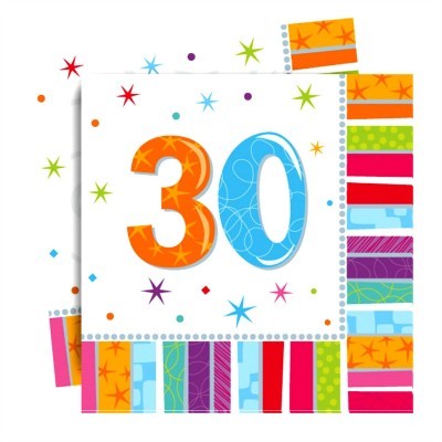 Ilustração colorida do número 30 com estrelas e bordas decorativas