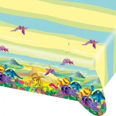 Toalha de mesa estampada com dinossauros e padrão listrado colorido