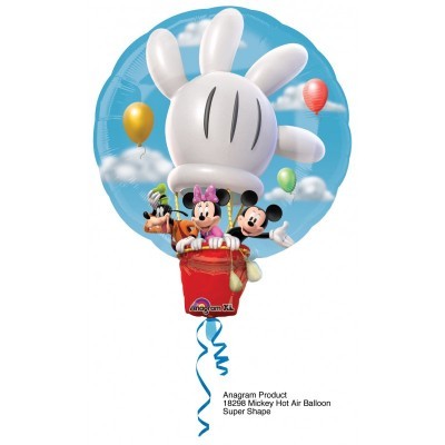 Balão metalizado da Disney com personagens Mickey, Minnie e Pateta num balão de ar quente e uma mão branca grande