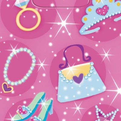 Desenho colorido de joias e acessórios femininos sobre fundo rosa com brilhos.