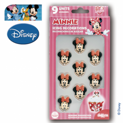 Decoração de açúcar Minnie para bolos, embalagem rosa com 9 unidades, e logos Disney