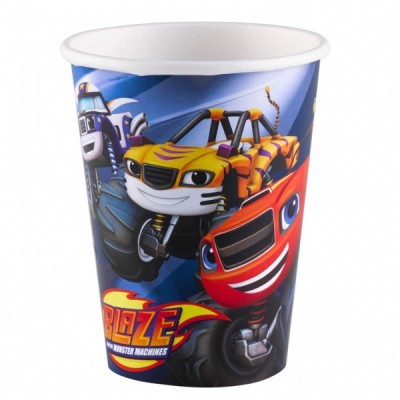 Copo de papel com personagens de desenhos animados Blaze em fundo azul