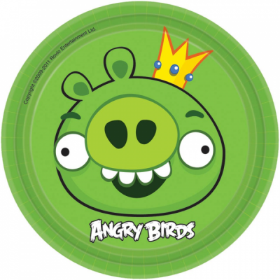 Prato verde com personagem do Angry Birds e texto na parte inferior