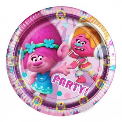 Prato descartável rosa com personagens animados e texto PARTY