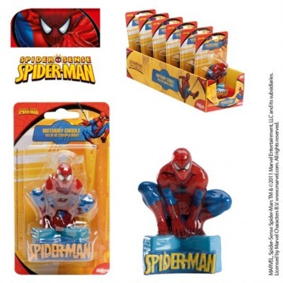 Figura de ação Spider-Man agachado em plástico colorido vermelho e azul com base azul e texto SPIDERMAN
