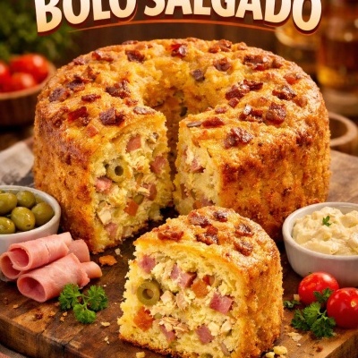 Bolo salgado redondo com recheio de fiambre, azeitonas e outros ingredientes, servido com azeitonas e fiambre numa tábua.
