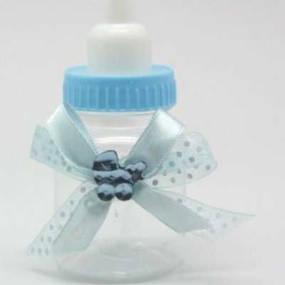 Frasco em plástico transparente com tampa azul e laço decorativo azul claro