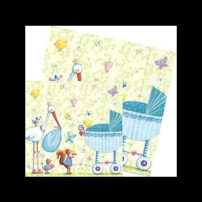 Papel de parede infantil com padrão de cegonhas, corações, esquilo, passarinhos, borboletas e carrinhos de bebé azuis