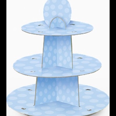 Suporte para bolos azul com bolinhas brancas de três níveis