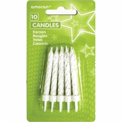 Pacote de 10 velas brancas com glitter prateado em cartão verde da marca amscan