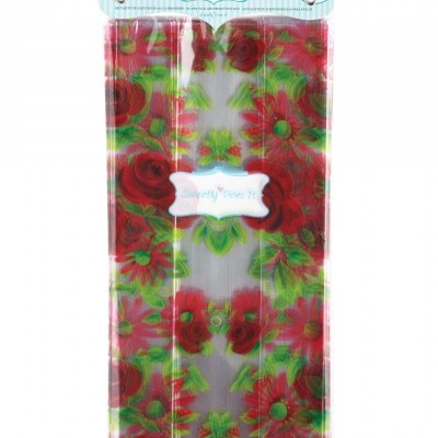 Pacote de sacos para doces com padrão de flores vermelhas e verdes em embalagem transparente e topo azul claro às riscas.