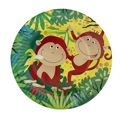 Prato redondo com desenho de dois macacos segurando banana na selva