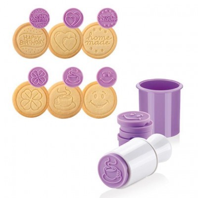 Conjunto de carimbos para biscoitos com desenhos e textos diversos e cores branco e roxo