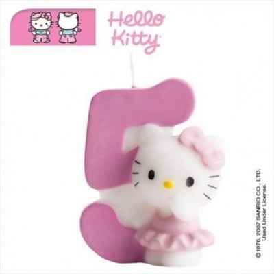 Vela decorativa rosa número 5 com figura Hello Kitty em branco e rosa