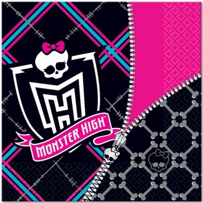 Padrão têxtil com logótipo Monster High em preto, rosa e azul