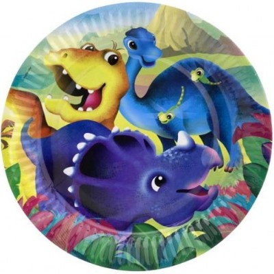 Prato de papel com dinossauros coloridos e plantas tropicais