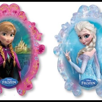 Dois balões ovalados com personagens do Frozen, Anna e Elsa, em cores rosa e azul