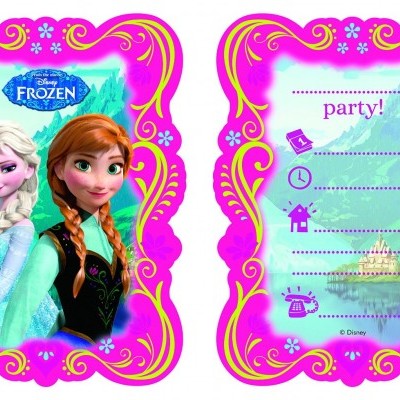 Convite de festa infantil com personagens Elsa e Anna do Frozen, decoração rosa e dourada
